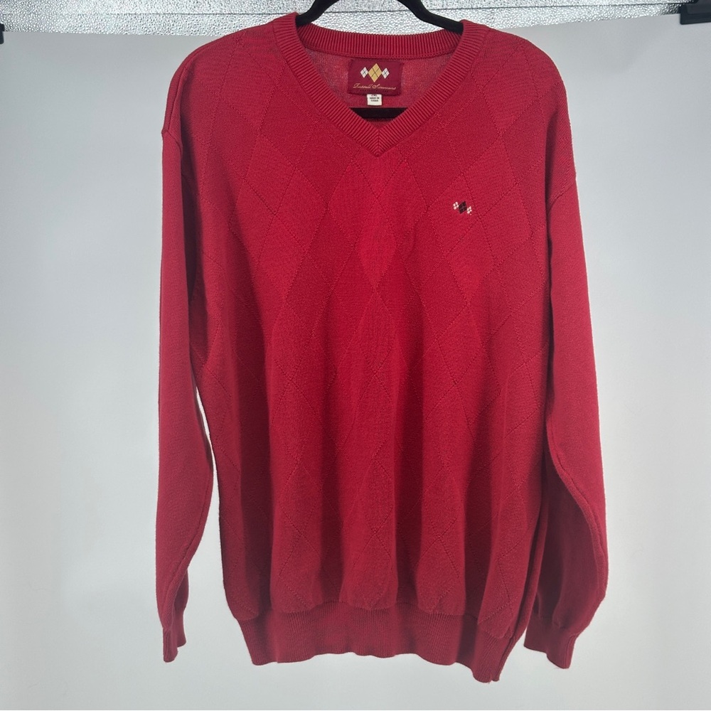 Vibrant Red V-Neck Sweater‎ with Ribbed Cuffs